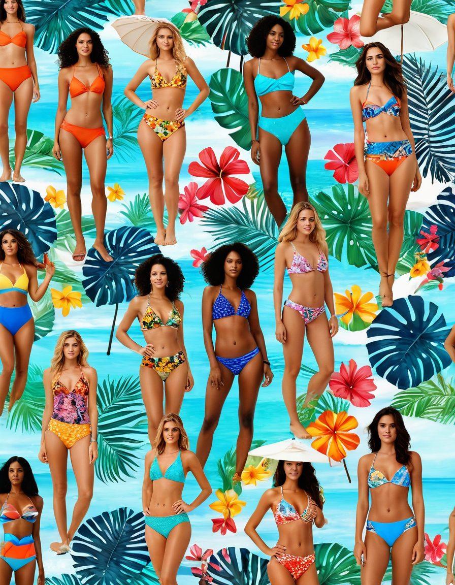 A vibrant collage showcasing a variety of trendy swimwear styles, featuring classic cuts alongside bold prints such as tropical flowers and geometric designs. Include models of diverse backgrounds wearing these swimsuits on a sunny beach setting, with waves crashing in the background and bright beach umbrellas scattered around. The overall atmosphere should exude fun and confidence, with bright, eye-catching colors. super-realistic. vibrant colors. beach backdrop.